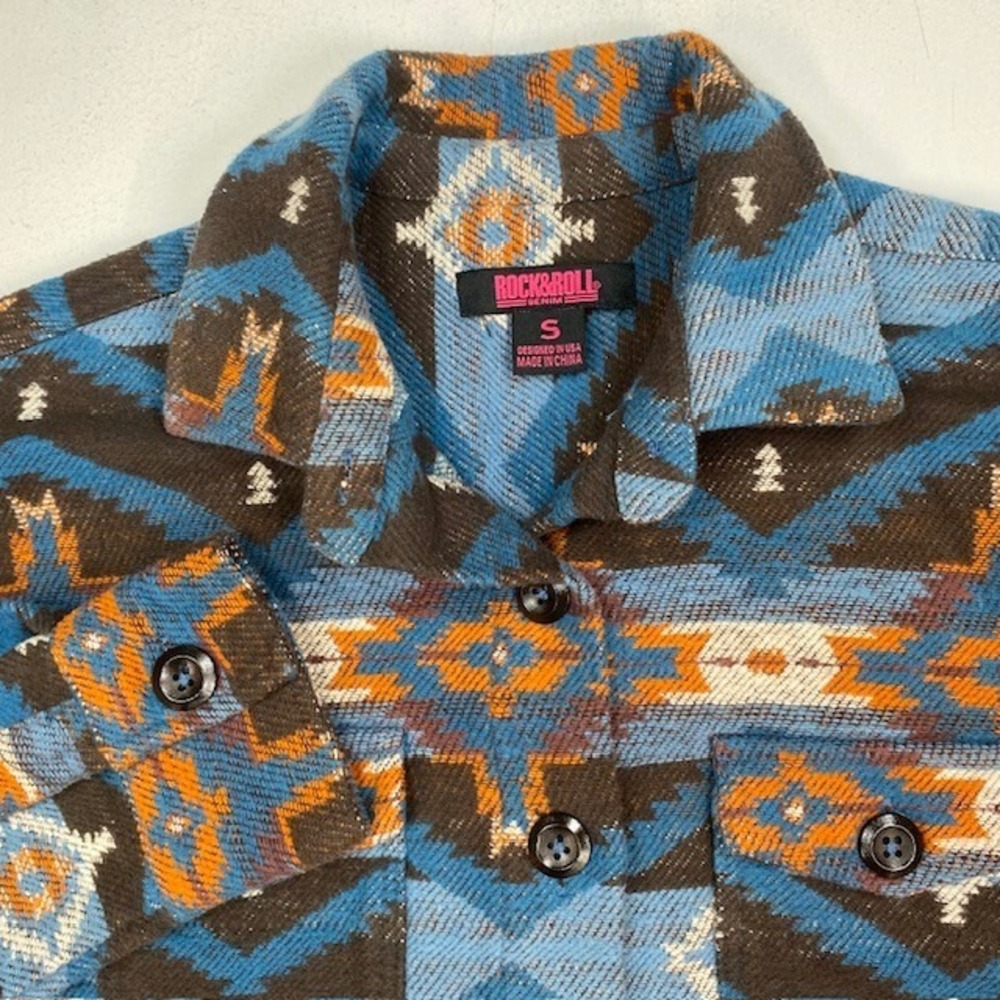 Rock & Roll Denim Womens Southwestern Aztec Cotton Shacket Blue Brown Small